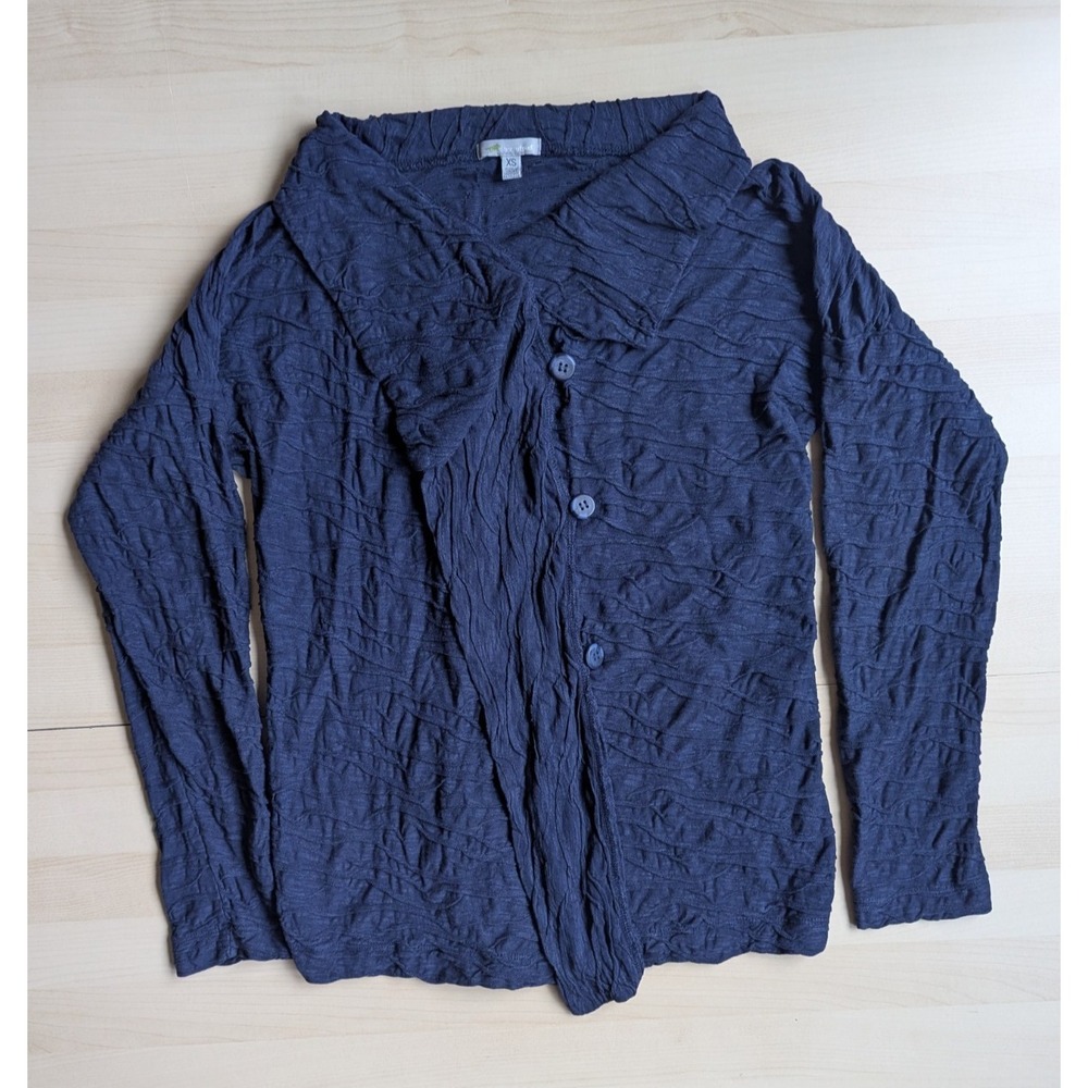 Horny Toad Navy Blue Art To Wear Pintuck Lagenlook Cardigan Cotton Tencel